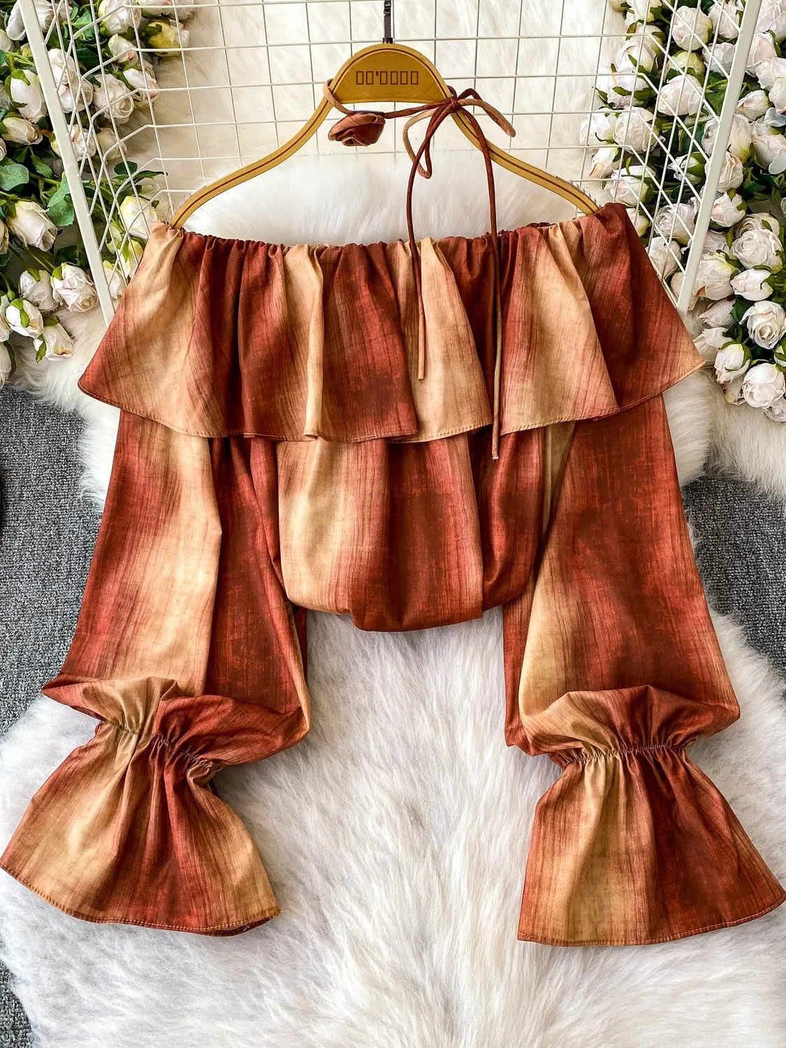 

French Sle Tie Dye Bell Sve irt Women's oulder Bared Slimming Top Summer Casual Loose Fit Long Sve