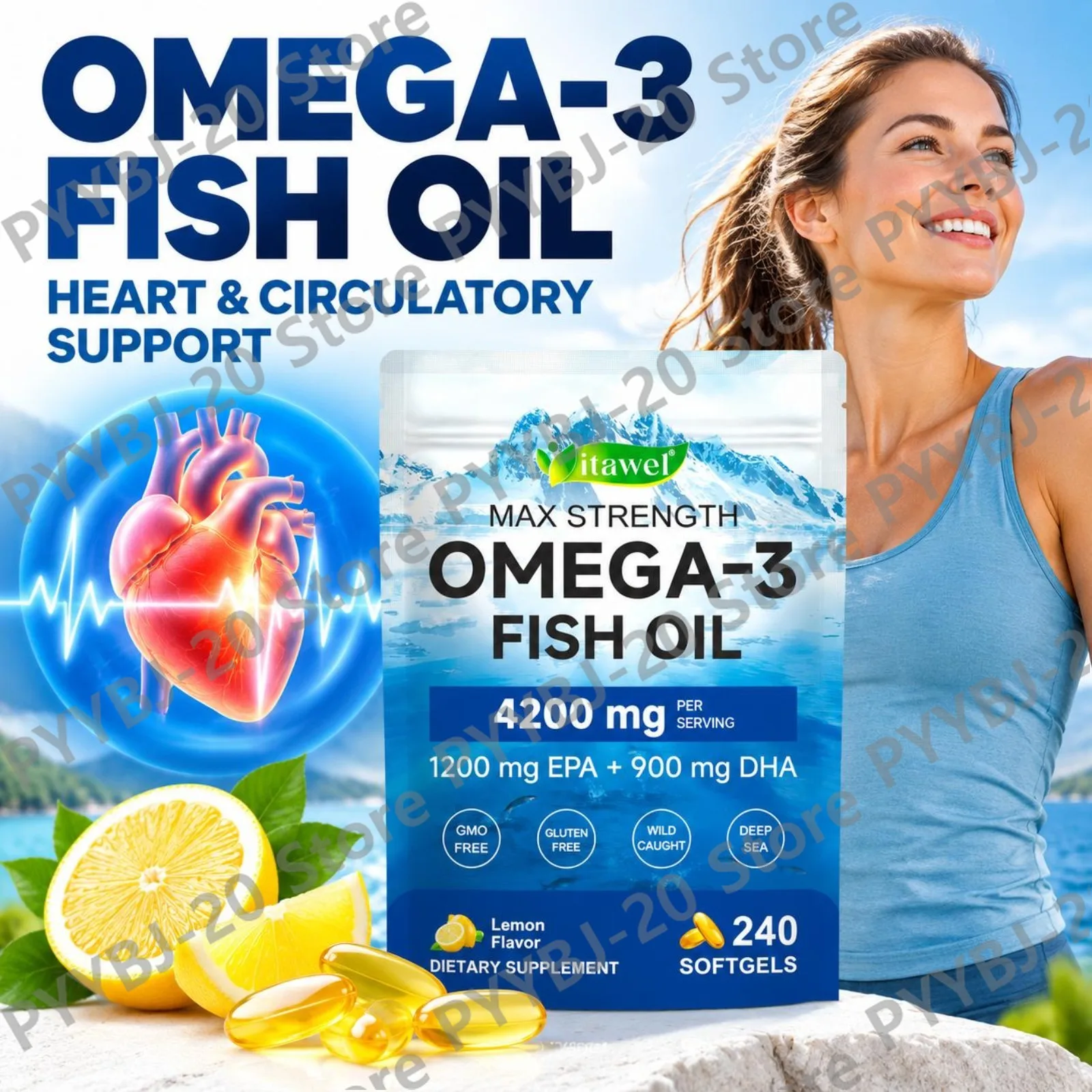 Itawel Omega-3 Fish Oil Softgels Enteric-Coated Lemon Flavor EPA DHA Heart Circulation Joint Comfort Recovery 240 Softgels