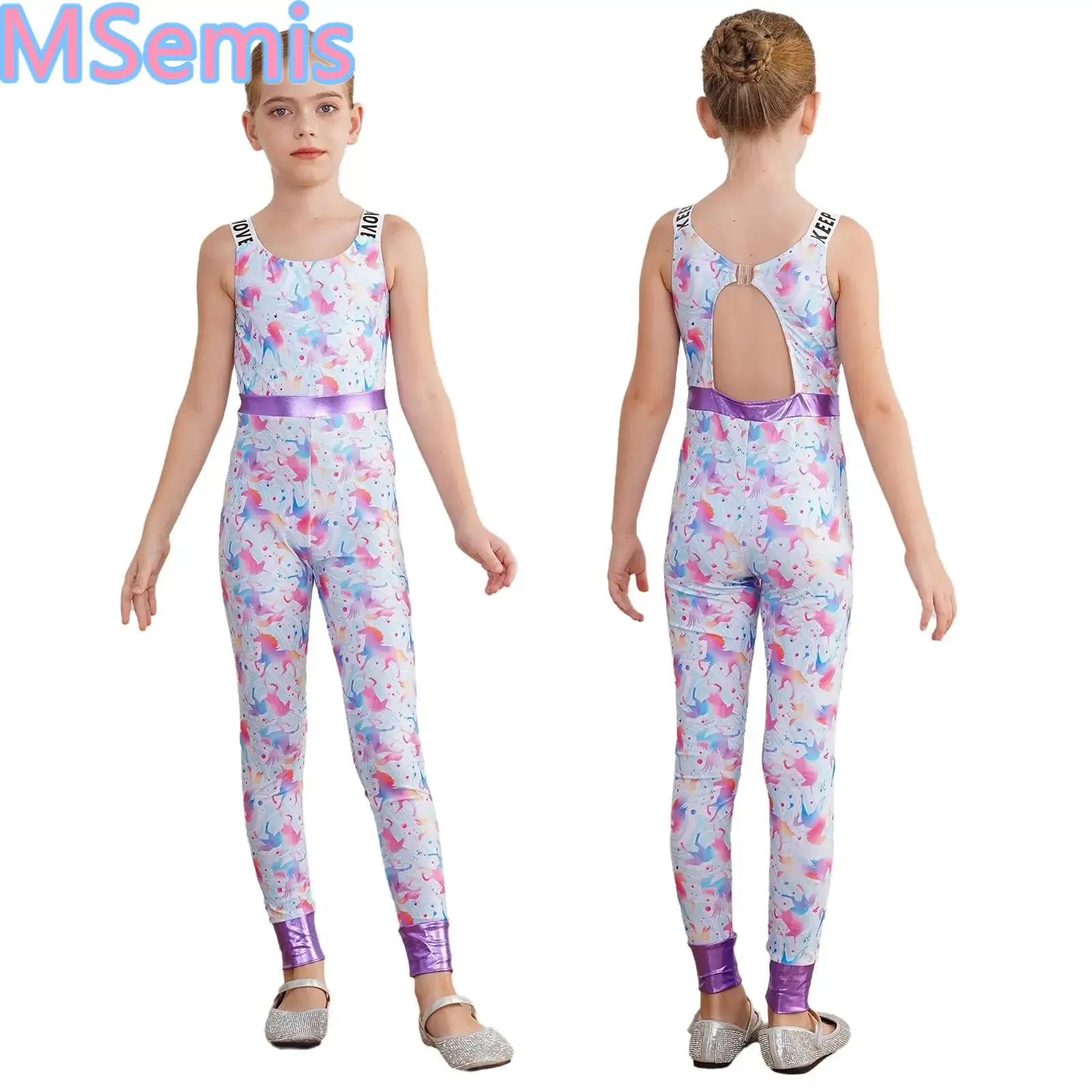 

Kids Girls Prints Sports Leotard Sleeveless Back Hollow-Out Design Cartoon Print Legging Bodysuit for Gymnastics Clothes