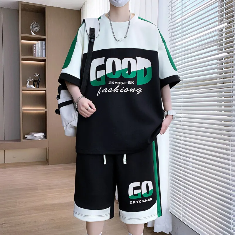 Summer Casual Mens Set Short Sleeve patchwork Print Tshirt + Shorts 2 Piece Sets Streetwear Mens Sports Suit Harajuku Tracksuit
