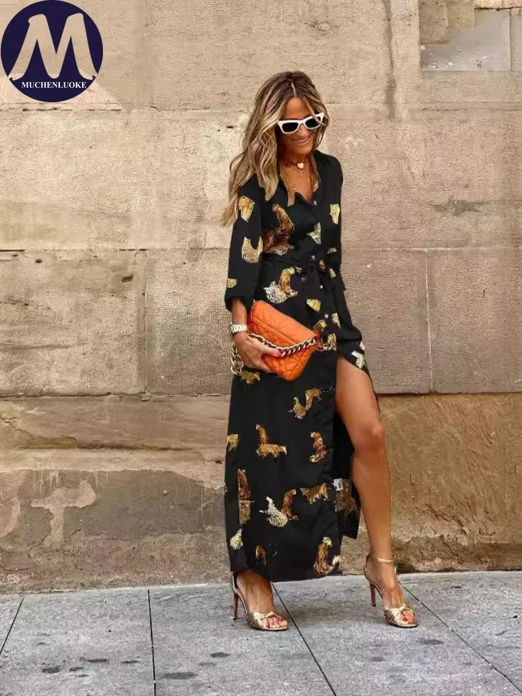 

Women's Long Sleeve Lace Swing Skirt V Neck Single Row Buckle Dress Casual Loose Dress Large Swing Skirt Summer New Fashion 2025