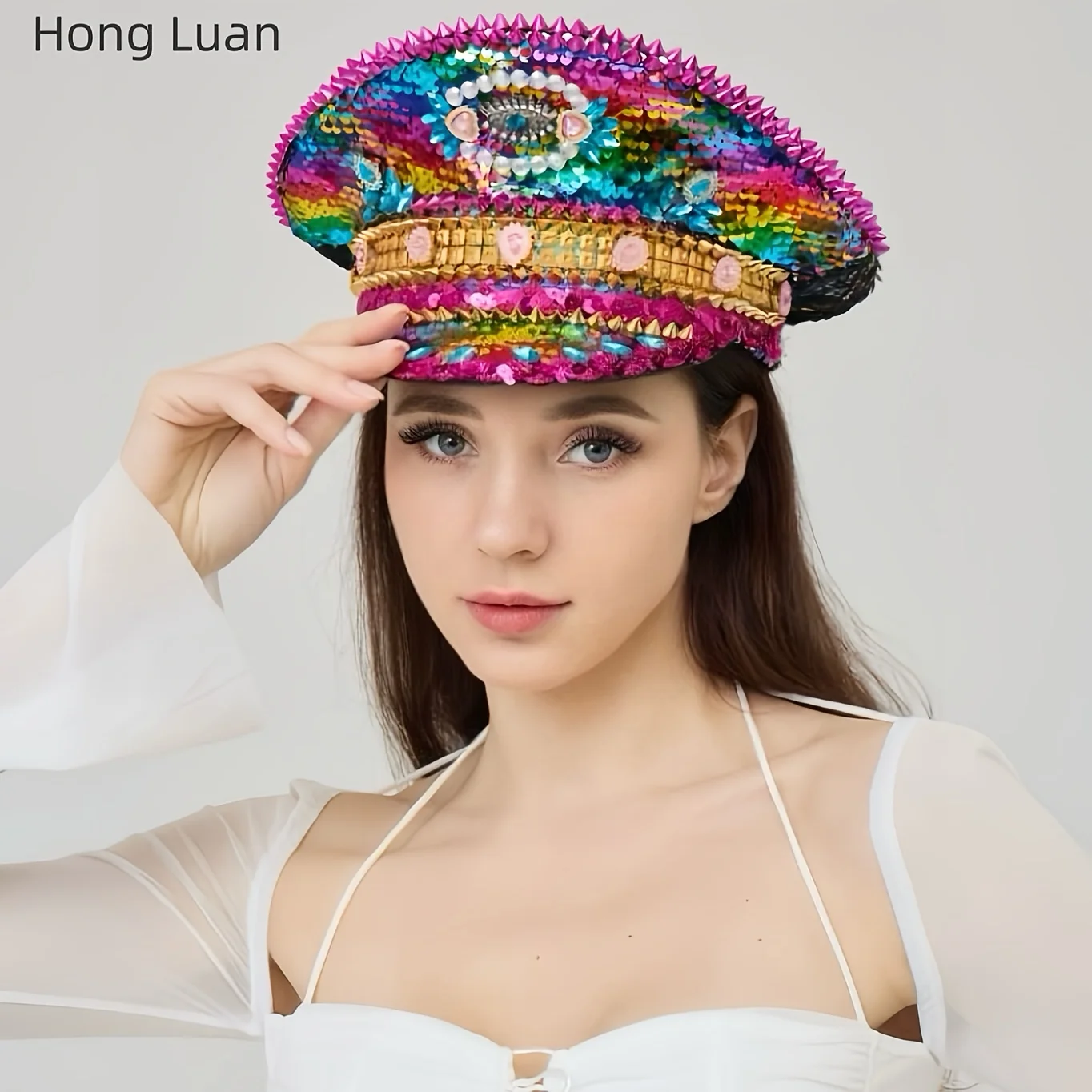 HongLuan خمر بريق Steampunk الكابتن قبعة حجر الراين لحرق رجل مهرجان امرأة، الملحقات العسكرية الفاخرة وقبعة رجل #1