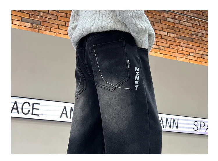 Schwarze Jeans für Teenager und Kinder, Frühling/Herbst, Retro-Verlauf-Design, gerade Passform, Denim-Hose, stylische weite Hose für Jungen, 5-14 Jahre – Detail 12