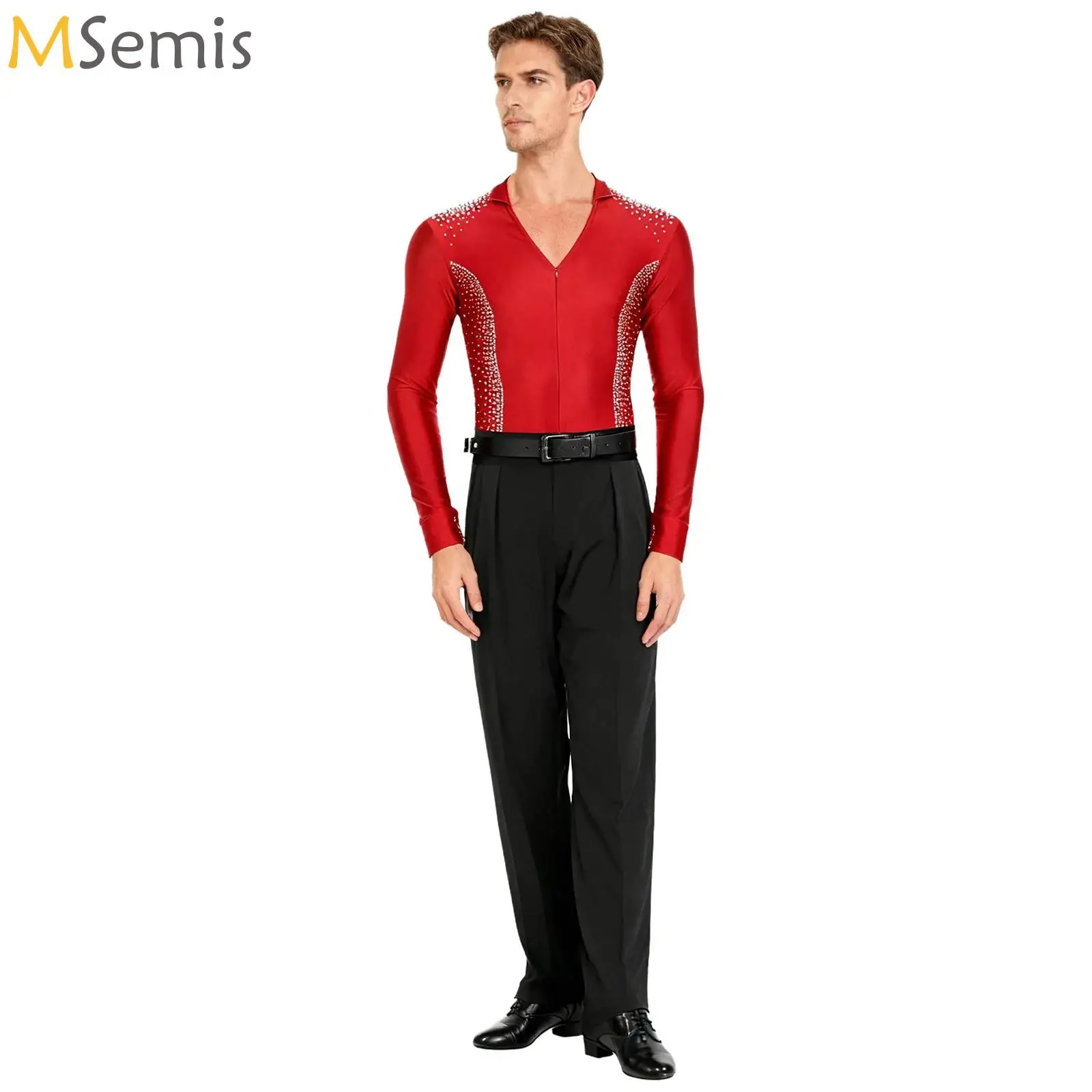 ملابس الرقص اللاتينية للرجال بأكمام طويلة لامعة مرصعة بأحجار الراين الشبكية بدلة وسراويل للتزلج على الجليد ملابس رقص باليه تشاتشا #1