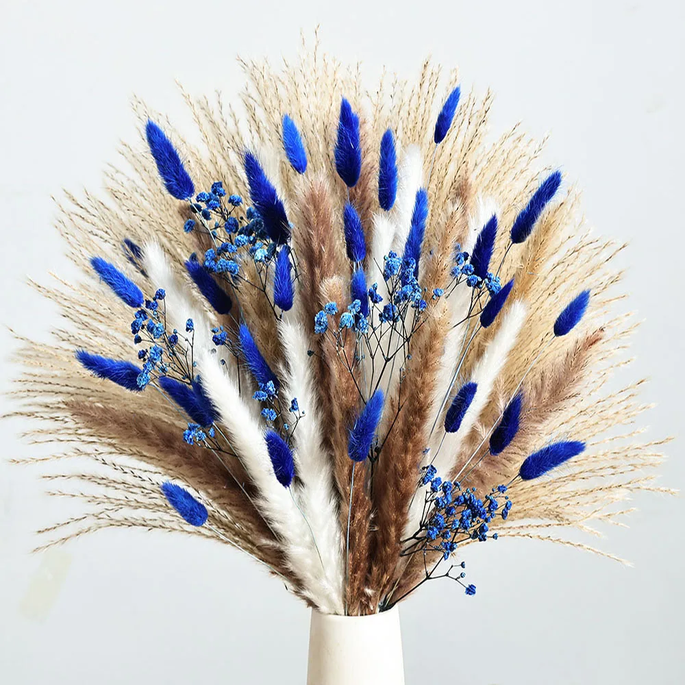 70 Uds. De Pampas azules, flores secas artificiales, ramo elegante de aliento Real para bebé, florero para el hogar, decoración de vida, colas de conejo, decoración de boda