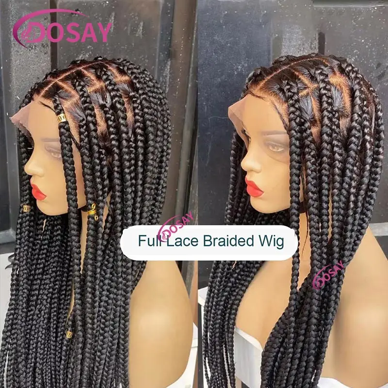 Synthetische Cornrow Vlechten Full Lace Gevlochten Pruiken Voor Zwarte Vrouwen Kant Front Pruik Vierkante Knooploze Doos Vlechten Pruik Grote Doos Brided Pruik