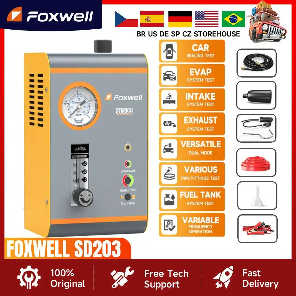 FOXWELL SD203 Car Smoke Leak Detector With Air Pump 12V EVAP Diagnostic Tool Vacuum Tester Fuel Pipe Leakage Locator Diagnostic