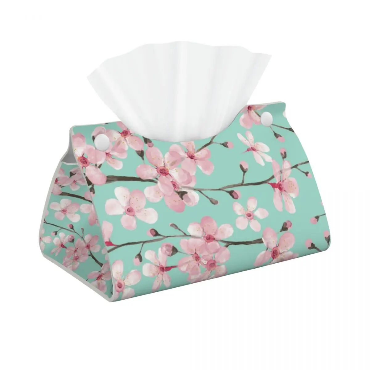 Custom Floral Cherry Blossom Tissue Box Cover Rectangular PU Leather Japanese Sakura Flower Facial Tissues Holder for Car