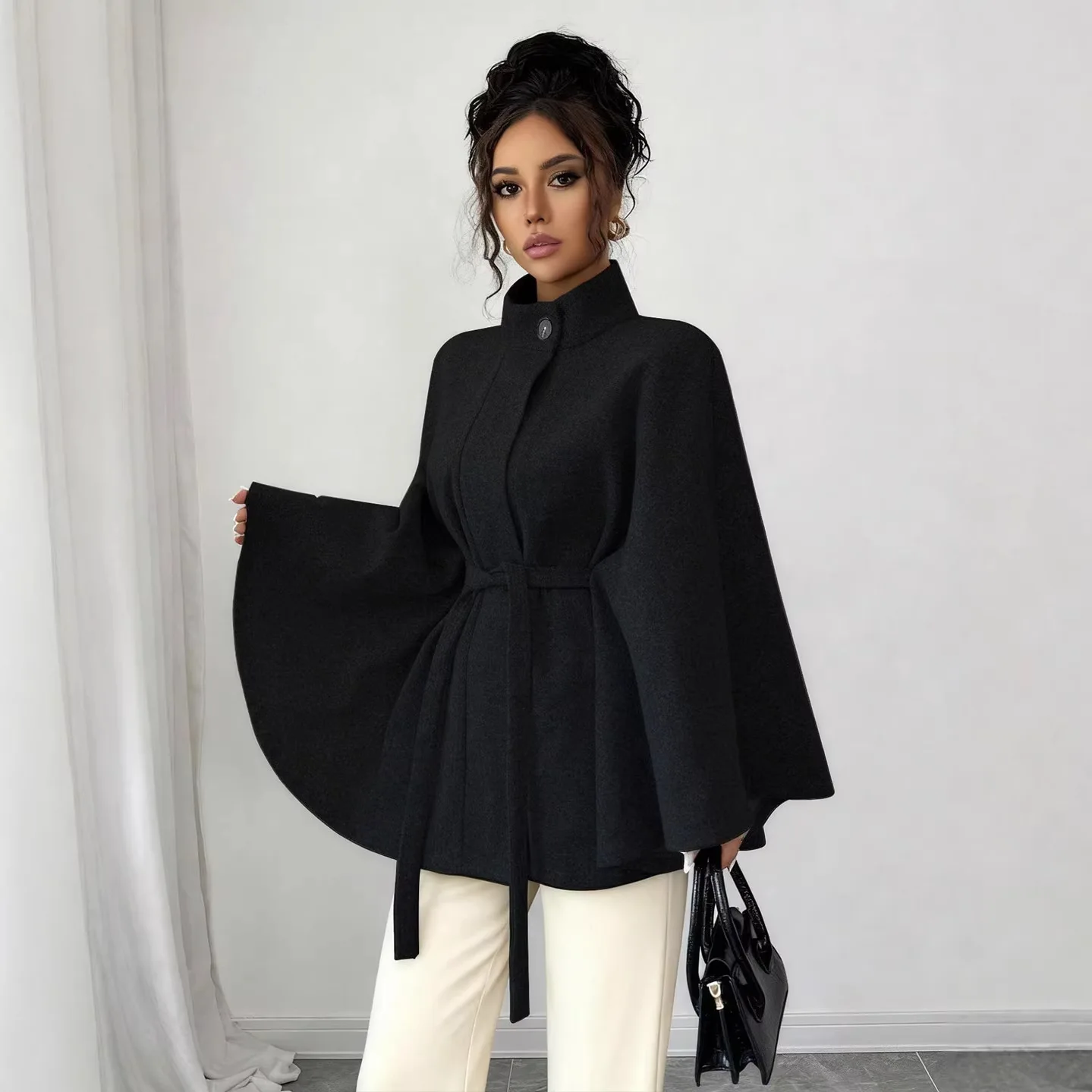 Elegant Women's Woolen Coat Autumn Winter Stand up Collar Cape Style Design Tie Waist Atmospheric Fashionable Ladies Outerwear