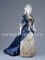 Navy Blue Victorian History Prom Dress for Women Long Sleeve Jacket Two Pieces Bustle Walk Tea Evening Gown Masquerade robes