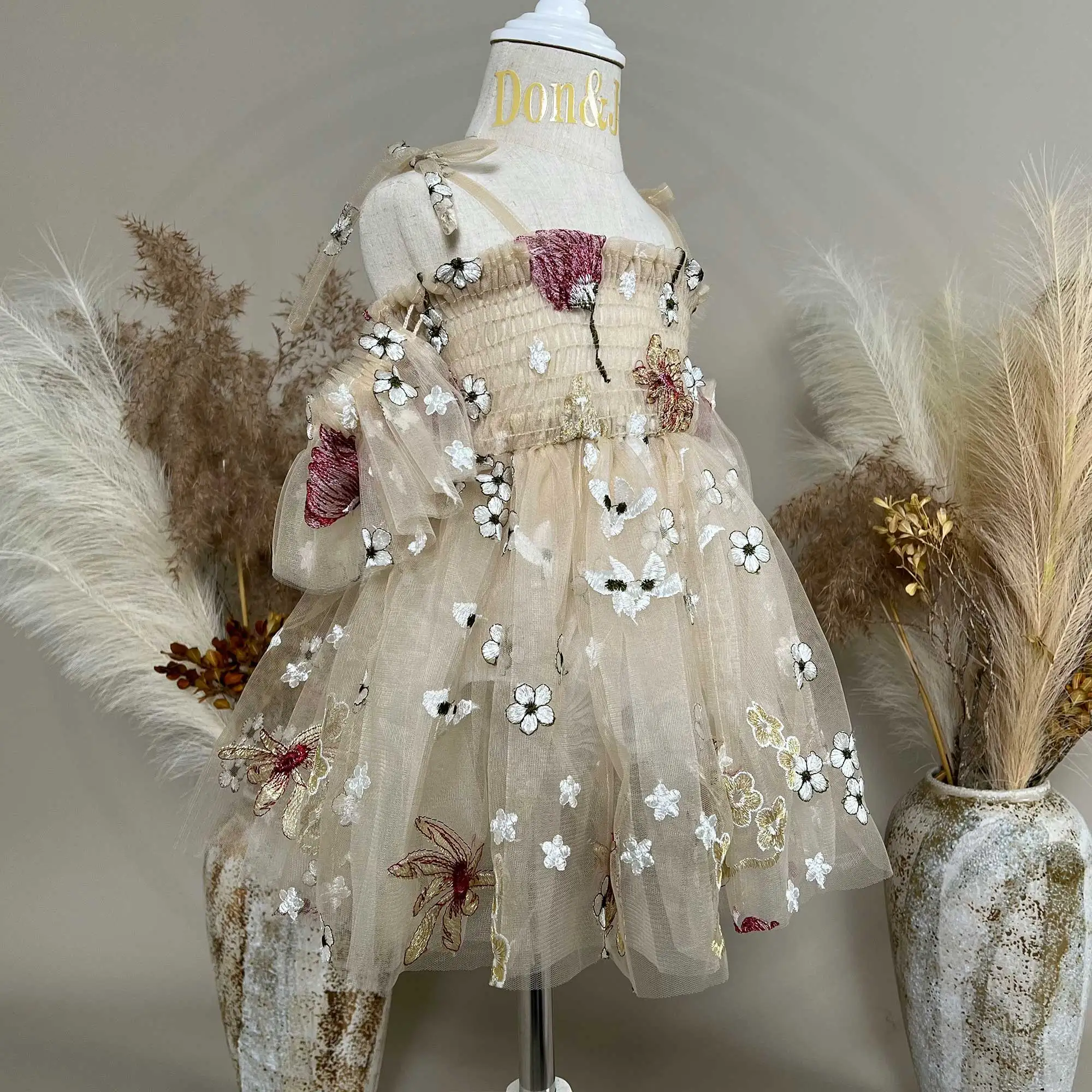 Don&Judy (0-6 Years Old) Summer Mesh Full Flower Embroidery Strapless Baby Girl Dress Cute Girls Princess Clothes Photo Shooting