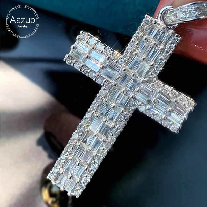 Aazuo 18K White Gold Natrual Diamond 1.80ct Big Cross Pendent With Chain Necklace Gift For Women or Man Valentine's Day Birthday