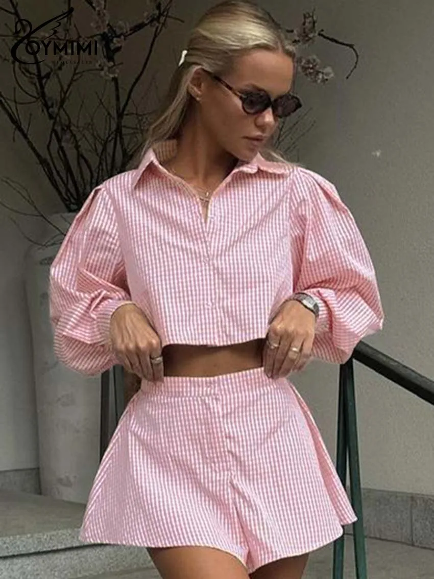 

Oymimi Elegant Pink Print Woman 2 Piece Set Outfit Fashion Long Sleeve Single Breasted Crop Shirts And High Waisted Shorts Sets