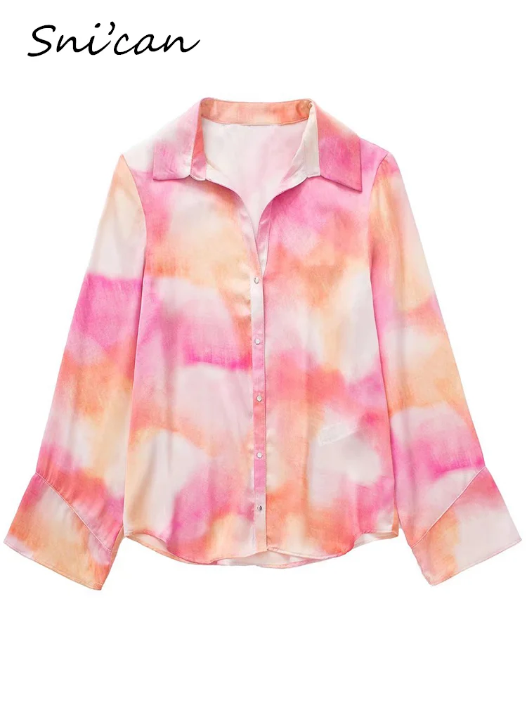 Pink Tie Dye Satin Blouse Women Fashion Long Sleeve Turn Down Collar Casual Office Ladies Shirts 2022 Female Chic Tops Chandails