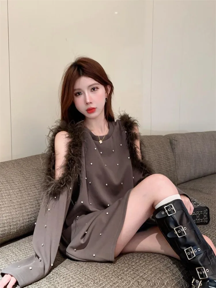 Korejepo Diamond Feather Dress Autumn Winter 2024 New Korean Temperament Scheming Fluff Design Off Shoulder Women Vestido