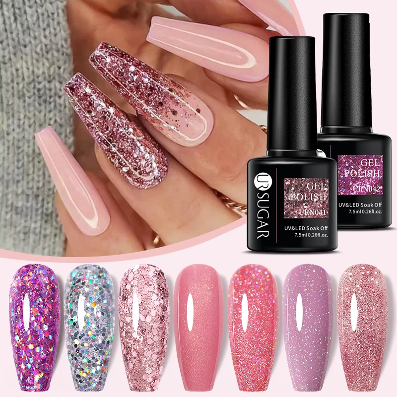 UR SUGAR 7.5ml Pink Series Glitter Gel Nail Polish Winter Semi Permanent Soak Off UV Gel Varnish Sparkle Nail Art Manicure