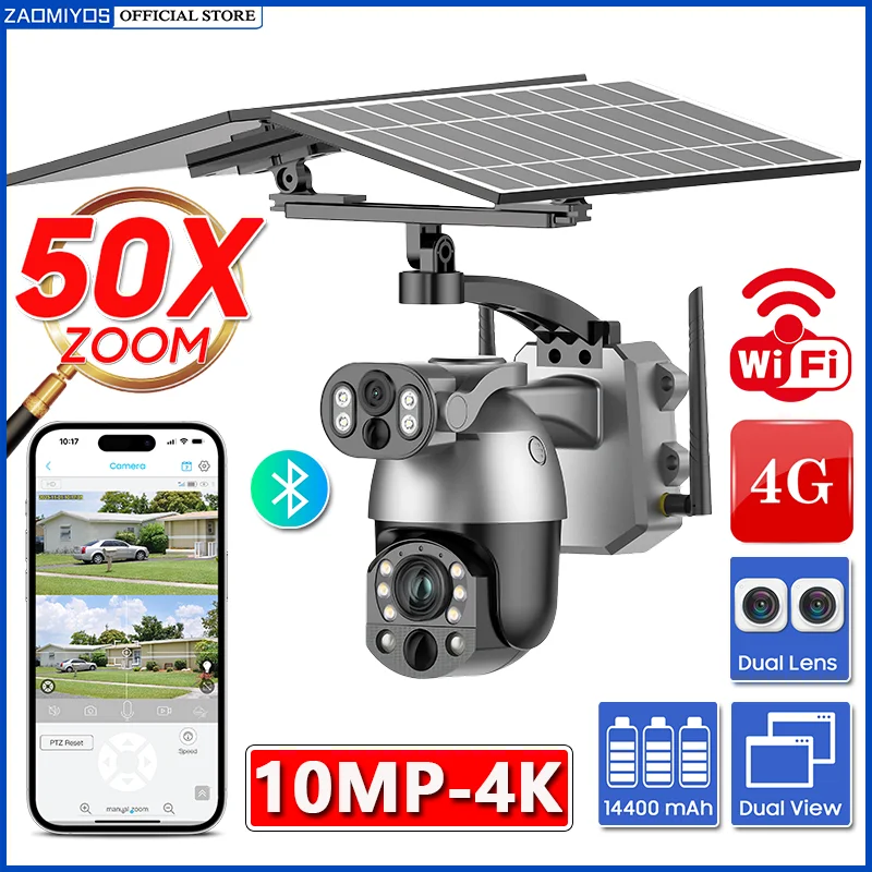 4K 50X ZOOM Solar Camera 10MP 4G SIM 360° Outdoor PTZ Dual Lens Human Tracking Surveillanc WIFI Security Camera PIR Night Vision