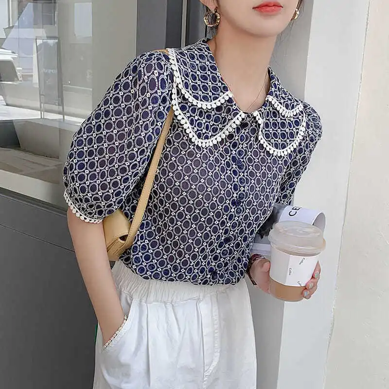 2024 Women's Summer Suit Peter Pan Collar Age Reduction Top Hong Kong Winds Short Sleeve Vintage Contrast Color Thin Pullovers