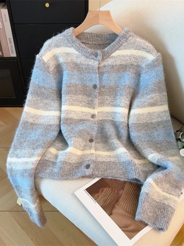 

Корейский вязаный кардиган в полоску Lazy Sle Color Blo для женщин, зимний повседневный универсальный свитер или верхняя одежда