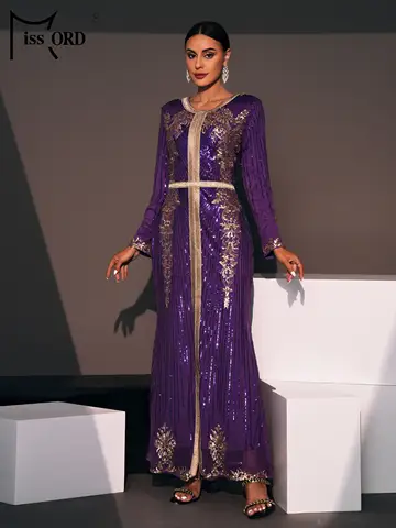 Missord Purple Round Neck Long Sleeved Sequin Middle Eastern Luxury Evening Gown Wedding Birthday Party Formal Occasion Dresses
