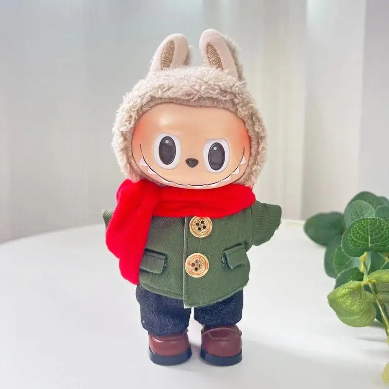 For 17cm labubu outfit Clothes Accessories Doll with Green Coat Shoes set