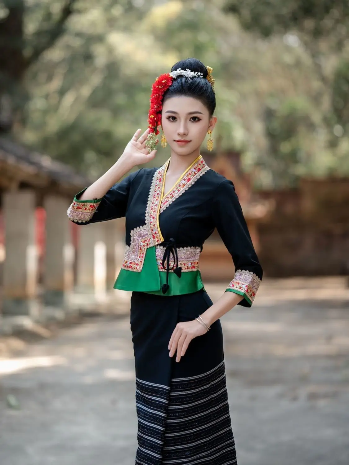 2 قطعة تايلاند ميانمار النساء داي الملابس داي العرقية زي أداء الرقص الوطني زي التايلاندية نمط فستان مجموعة #1