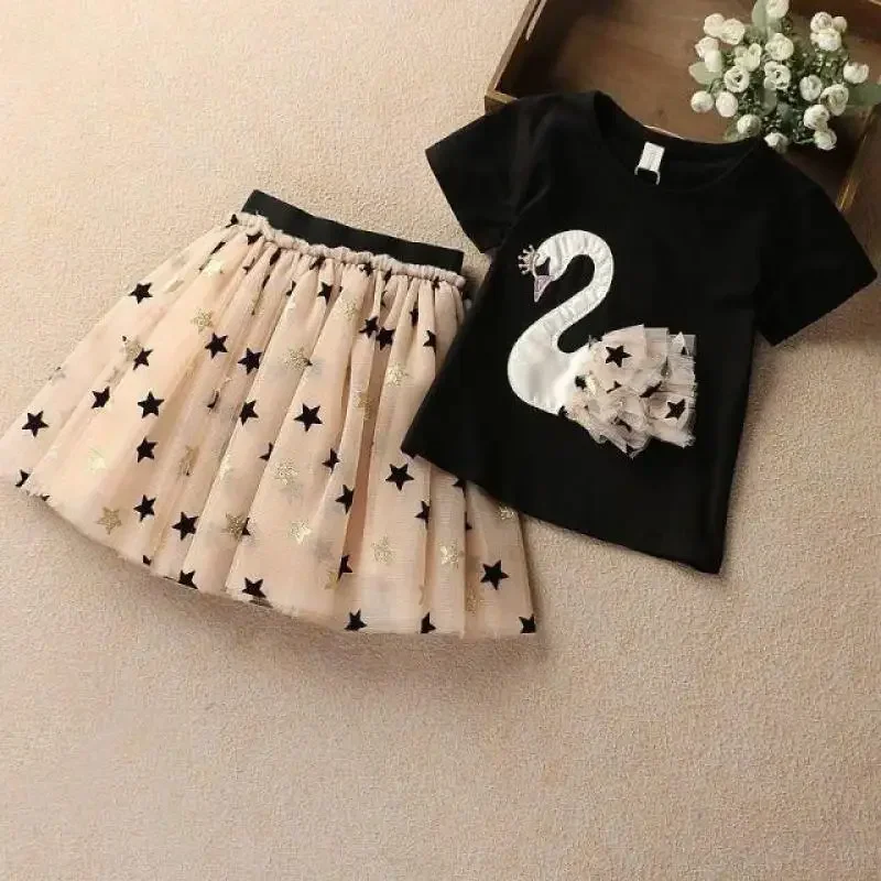 Summer kids Girls Clothing Sets Cotton Cartoon Swan T-Shirt+Sequin Skirts 2Pcs Suit Children Fashion Princess Kids Dress Outfits