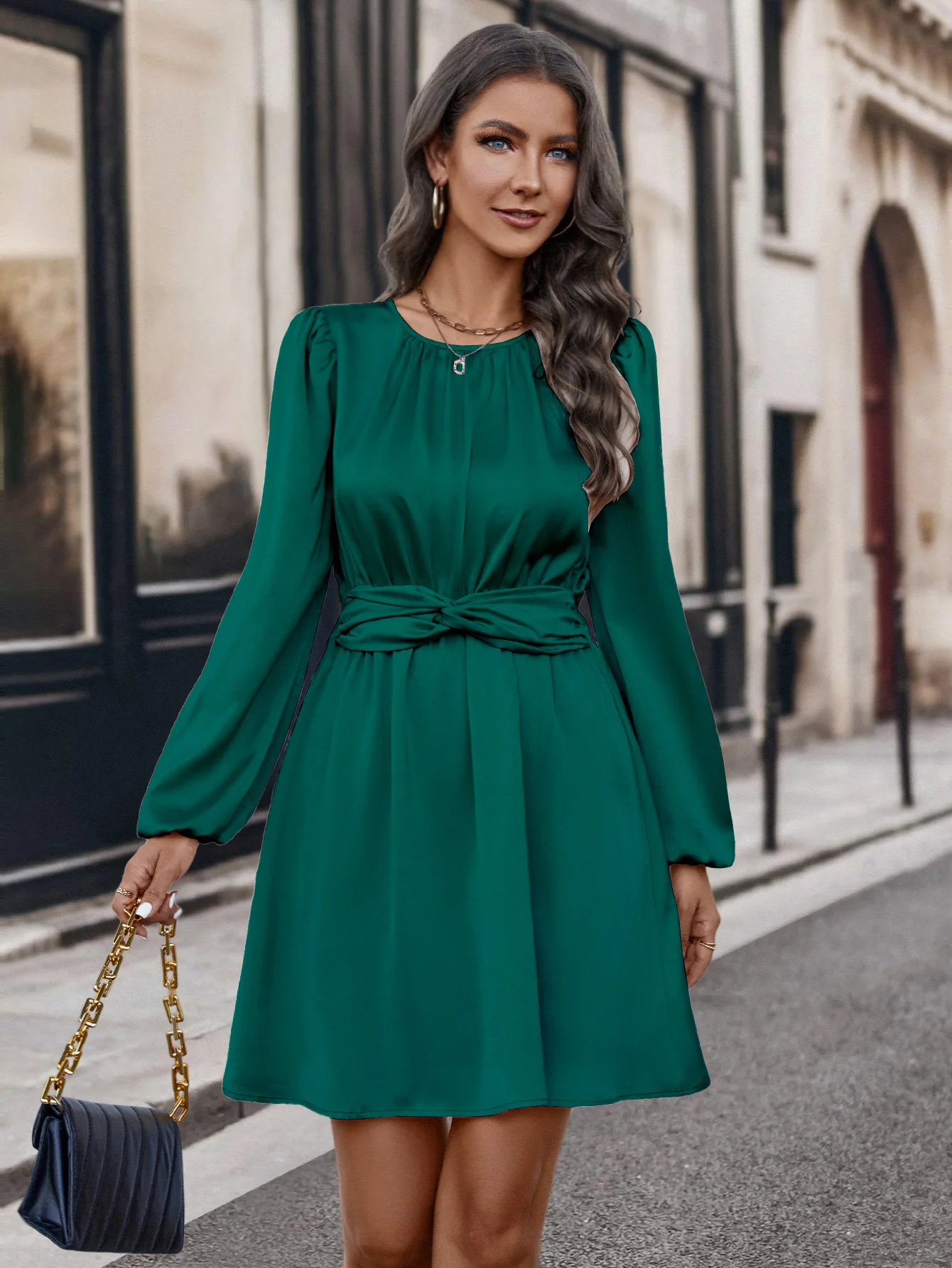 

2024 New Autumn and Winter Comfortable Casual Women's Elegant Dress with Round Neck Pleated Fit vestidos de vacaciones