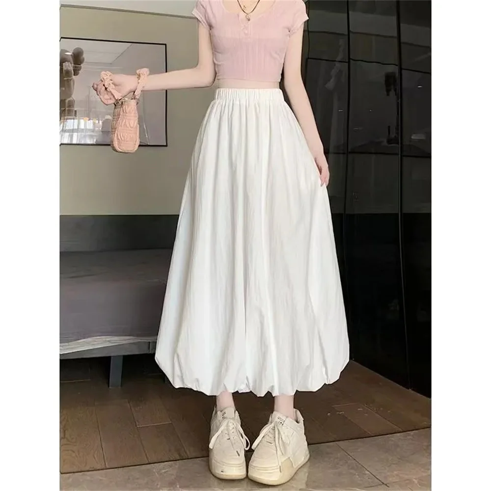 White Bubble Hem Midi Skirt Summer Elastic High Waist Casual Loose A-Line Skirts Fashion Korean Style Ladies Flowy Long Skirts