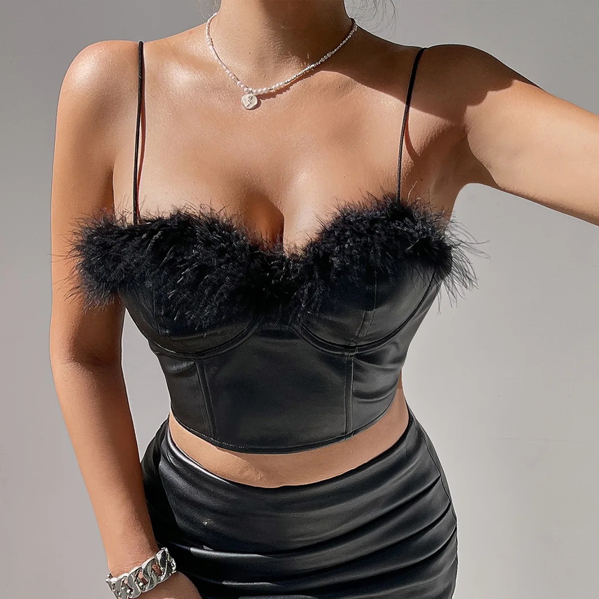 Sleeveless Sexy PU Leather Crop Tops with Feather Women's Corset Cami Bustier Tank Top Zipper Backless Lingerie Slim Party Vest