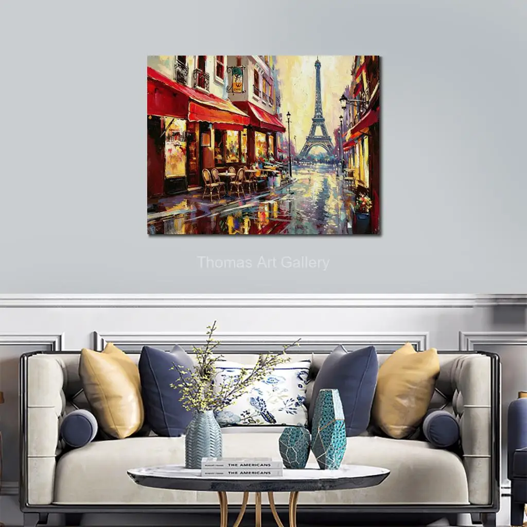 Oversize Colorful Romantic Paris Cafe Corner Canvas Print Street Cityscape Wall Art for Living Room Restaurant Hotel Cafe Decor