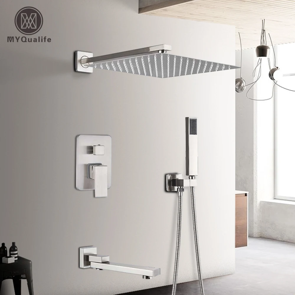 Brushed Nickel Bathroom Shower Faucet Set Rainfall Shower Mixed Hot Cold Water Mixer Tap Wall Mounted Embedded Box Control Valve