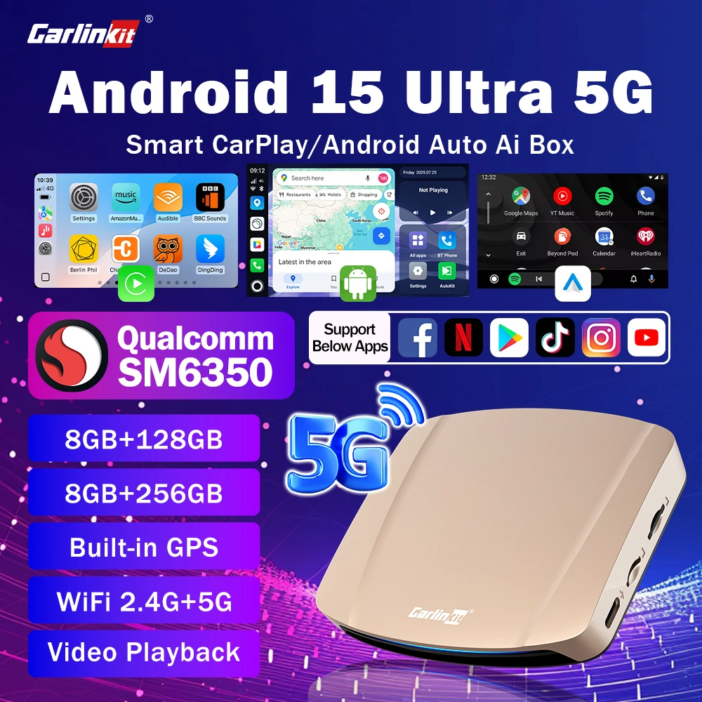 

Android 15 Ultra 5G CarPlay Ai Box CarlinKit SM6350 8-ядерный беспроводной CarPlay Android Auto 5G Поддержка карты YouTube/SD/SIM 8 ГБ + 256 ГБ