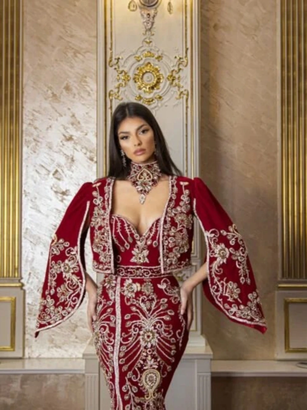 Red Velvet Evening Dress Party Kaftan Customized Long Sleeve Luxury Gold Appliques Beading Gown Vestidos De Gala Floor-length