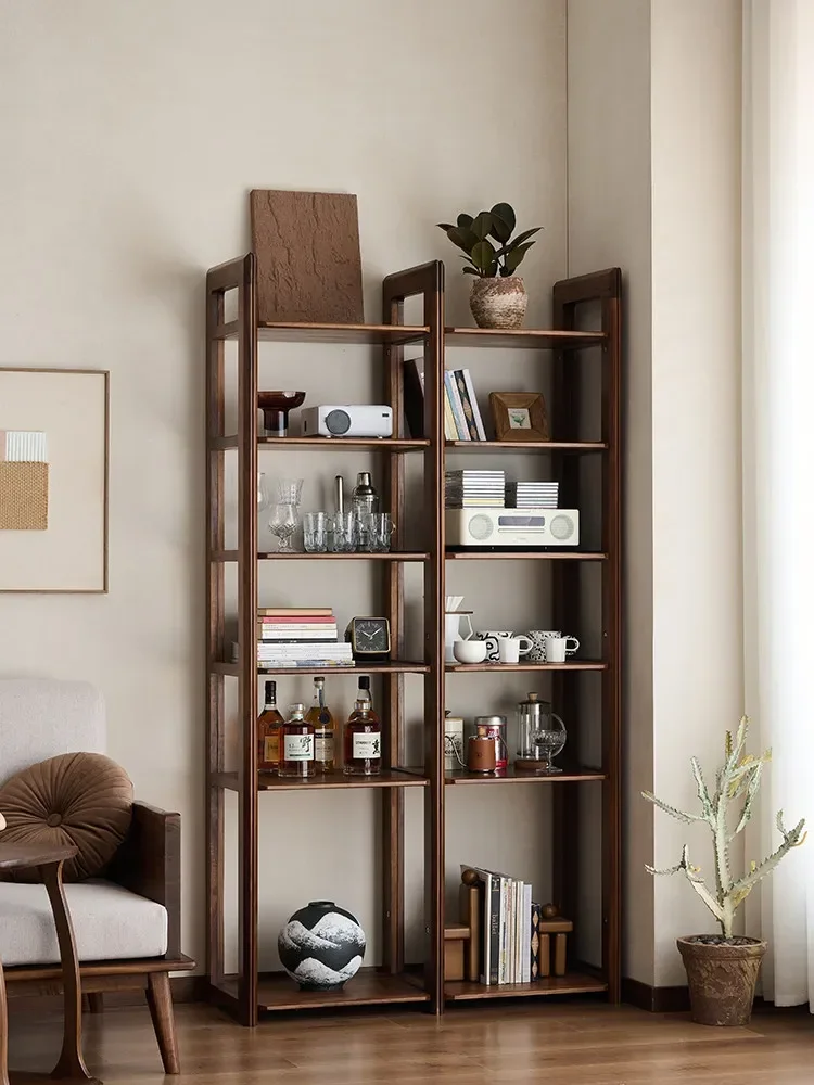 B24 Black Walnut Bookshelf Integrated Wall Storage Small Narrow Cabinet Solid Wood Floor-to-Ceiling Storage ShelfX9