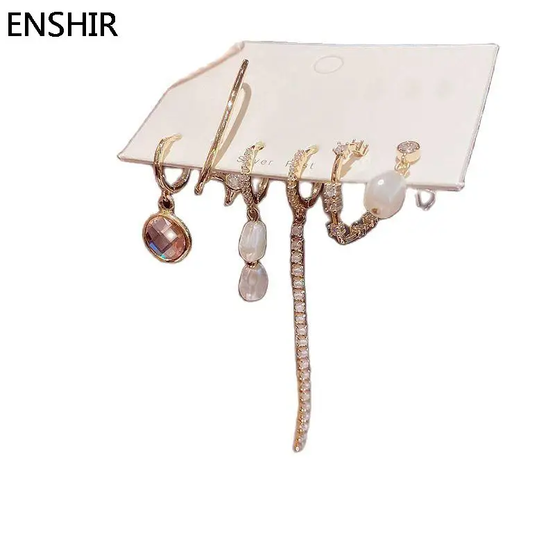 ENSHIR Zircon Tassel Pink Stone Pearl Hoop Earrings Set For Women Luxury 6 pieces Asymmetric Earring Set