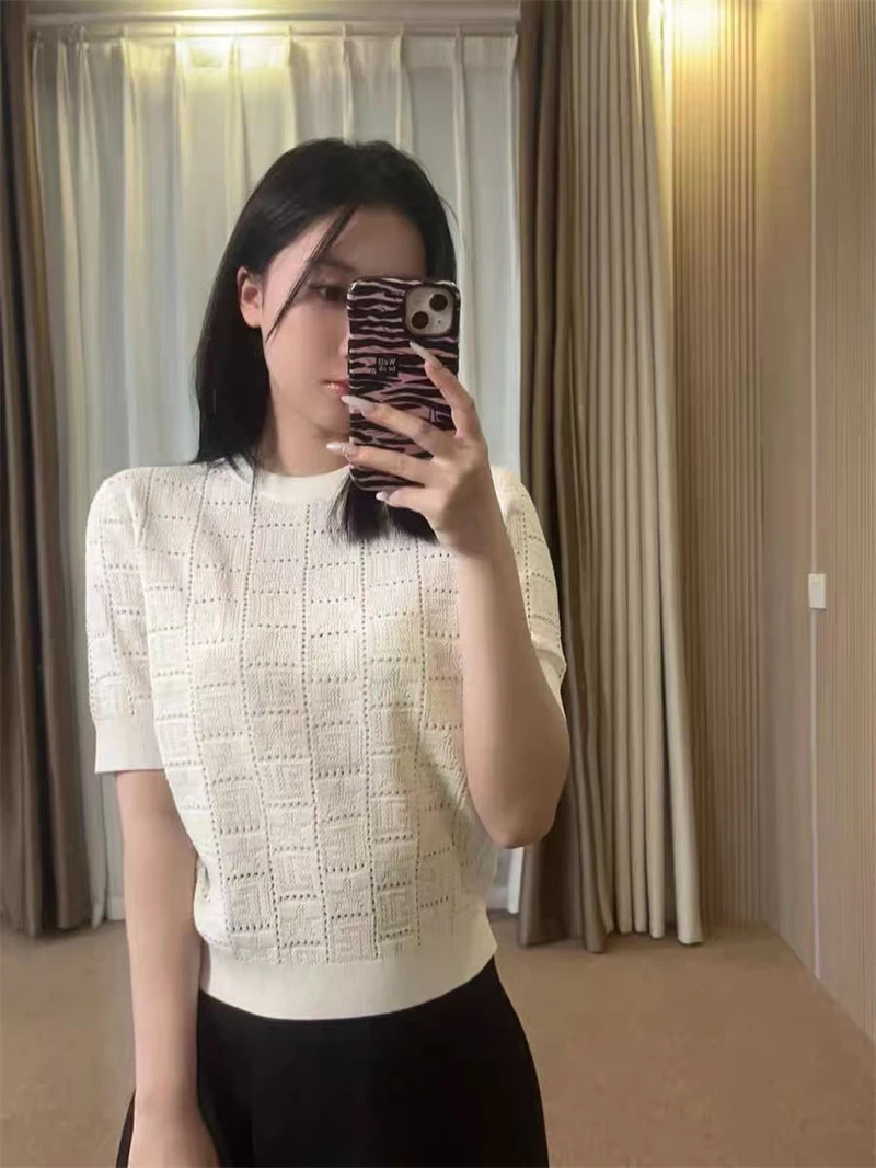 2025 verão oco malha camisola t feminino sólido coreano elegante senhoras malhas topos de manga curta em torno do pescoço chique jumpers