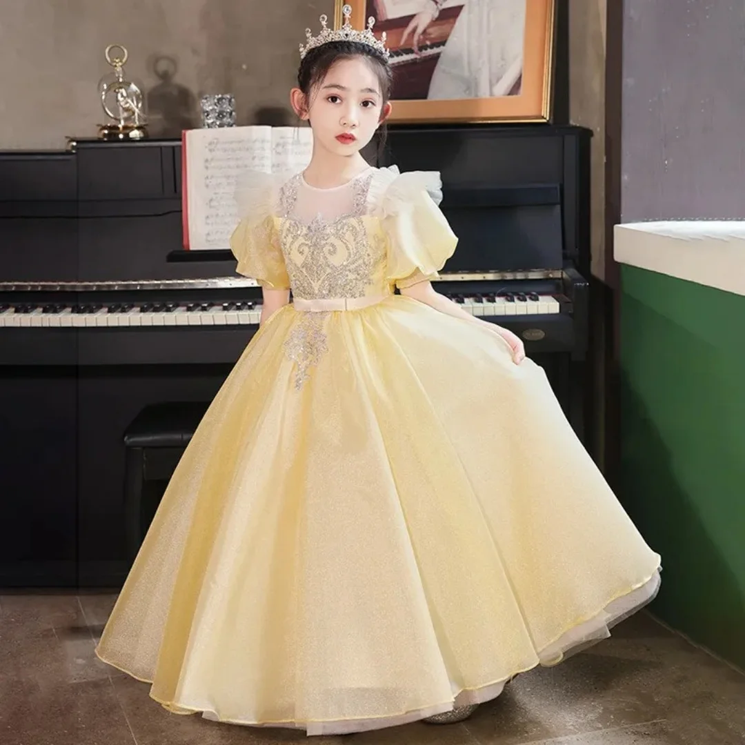 노란색 여자 생일 드레스 레이스 appiques tulle 꽃의 소녀 드레스 웨딩 공주 파티 아기 공 가운 사용자 정의