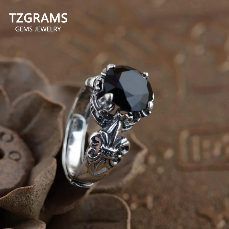 925 Sterling Silver Black Onyx Zircon Stone Rings For Men And Women Carving Vintage Anchor Inlaid Natural Gemstone Opening Type