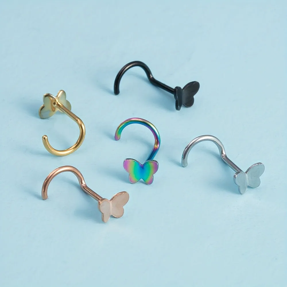 4/5pcs Butterfly Nose Studs Stainless Steel Tiny Stud Earrings 20 Gauge Random Colors Elegant Cute Design for Daily Wear