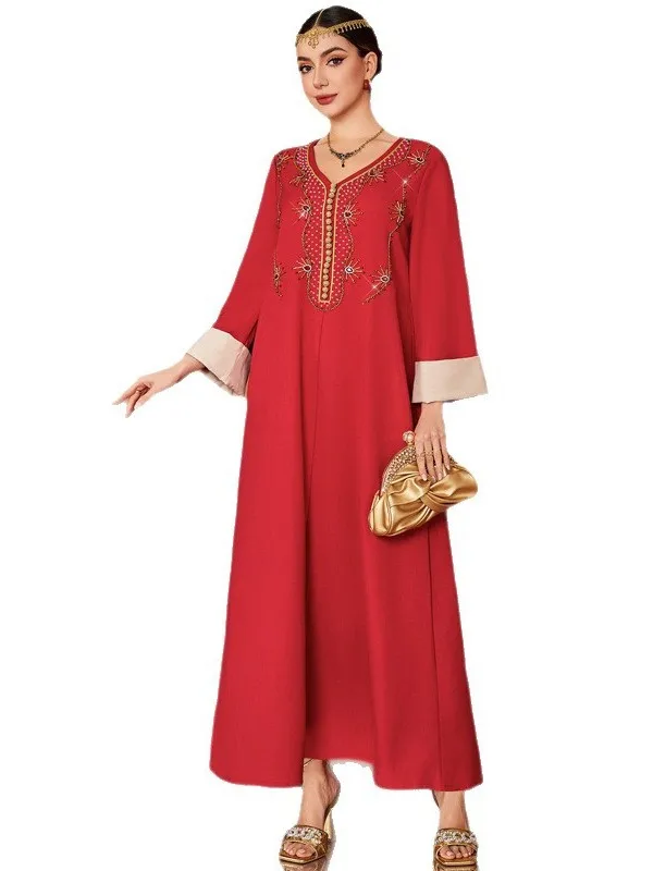 Rétro v-ne dubaï longue Dr rouge longue Sve ample arabe cousu à la main diamant Dr robe de mariée de soirée formelle Ocn Dr