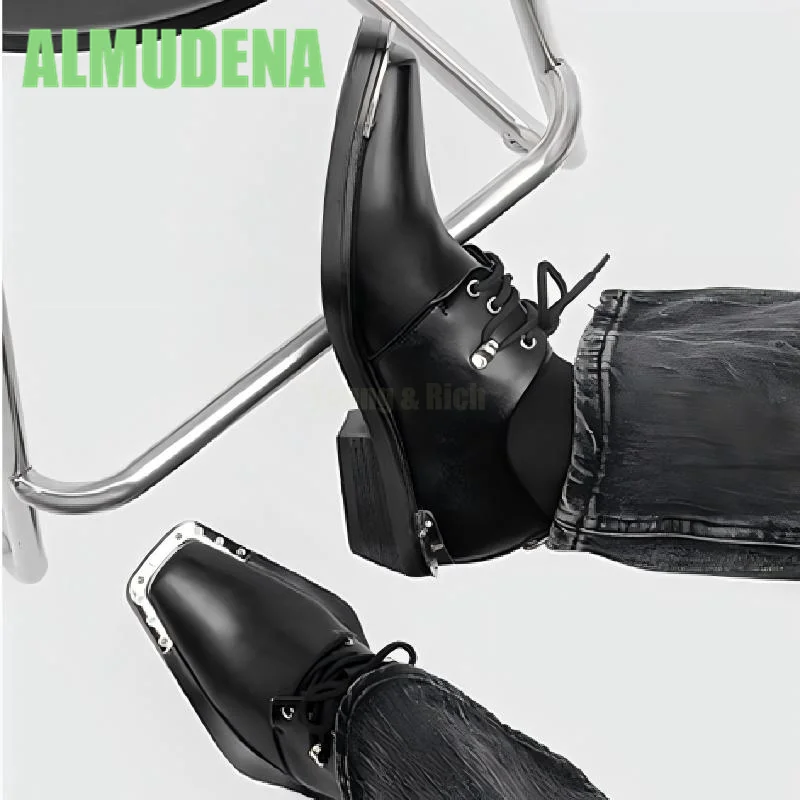 Metal Upturned Casual Leather Shoes Fashionable Square Toe Thick Sole Simple Lace Up Design Mid Heeled Derby Shoes