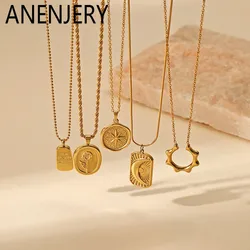 ANENJERY L316 Stainless Steel Star Moon Flower Pendant Necklace for Women Simple Clavicle Chain Jewelry Accessory