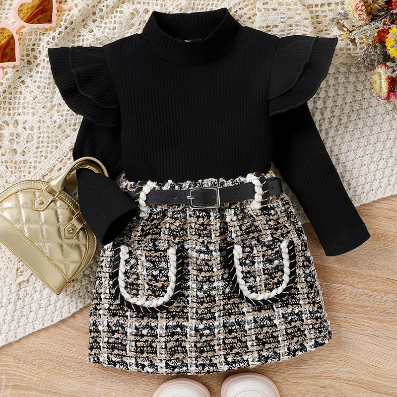 

Spring Autumn Toddler Girl Set Outfit Korean Plaid Fashion Long Sleeve Tops+Skirt Kids Clothes Baby Boutique Clothing BC1477-1