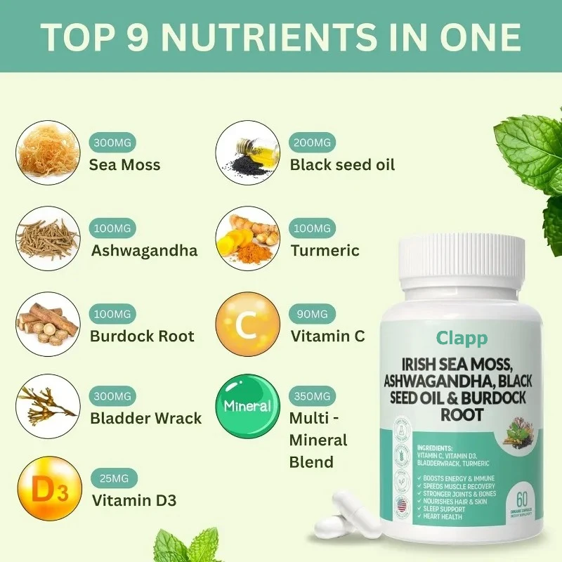 

Seaweed Capsules Contain Black Seed Oil, Turmeric, Swordfish, Burdock, Vitamins - Immune, Intestinal, Energy Health Support