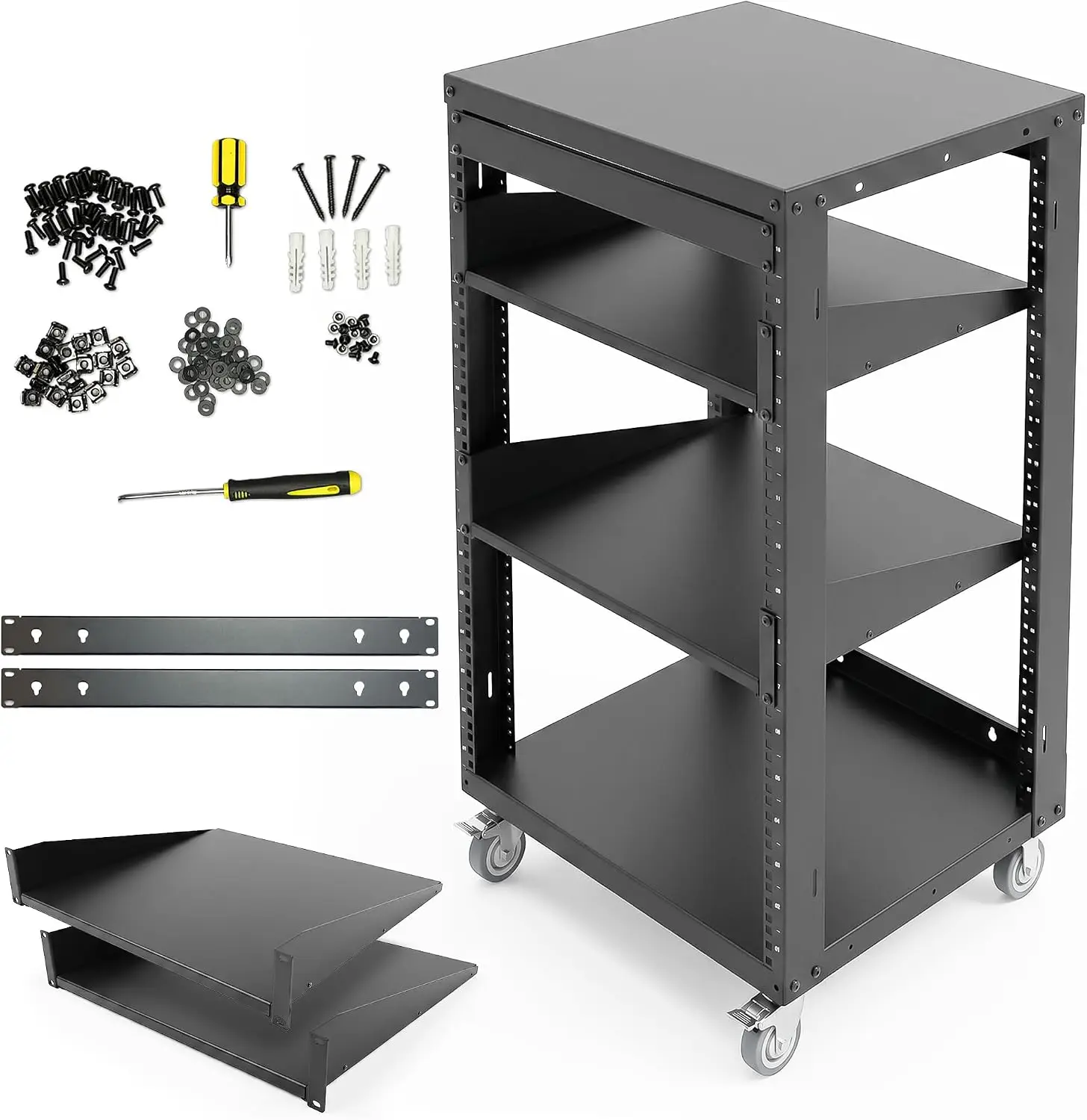 AxcessAbles 16U Open Frame Network & AV Rack with Caster Wheels, Two 2U Shelves, 10-32 & Cage Nut Compatible Rails, Cage Nuts, S