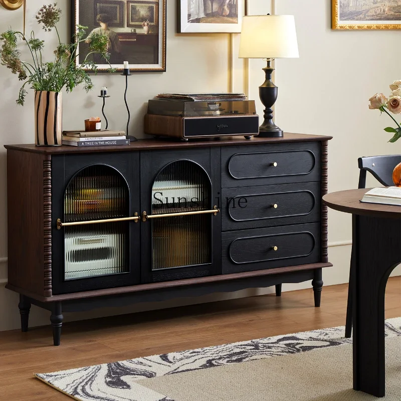 

French retro solid wood dining side cabinet, living room against the wall storage locker integrated