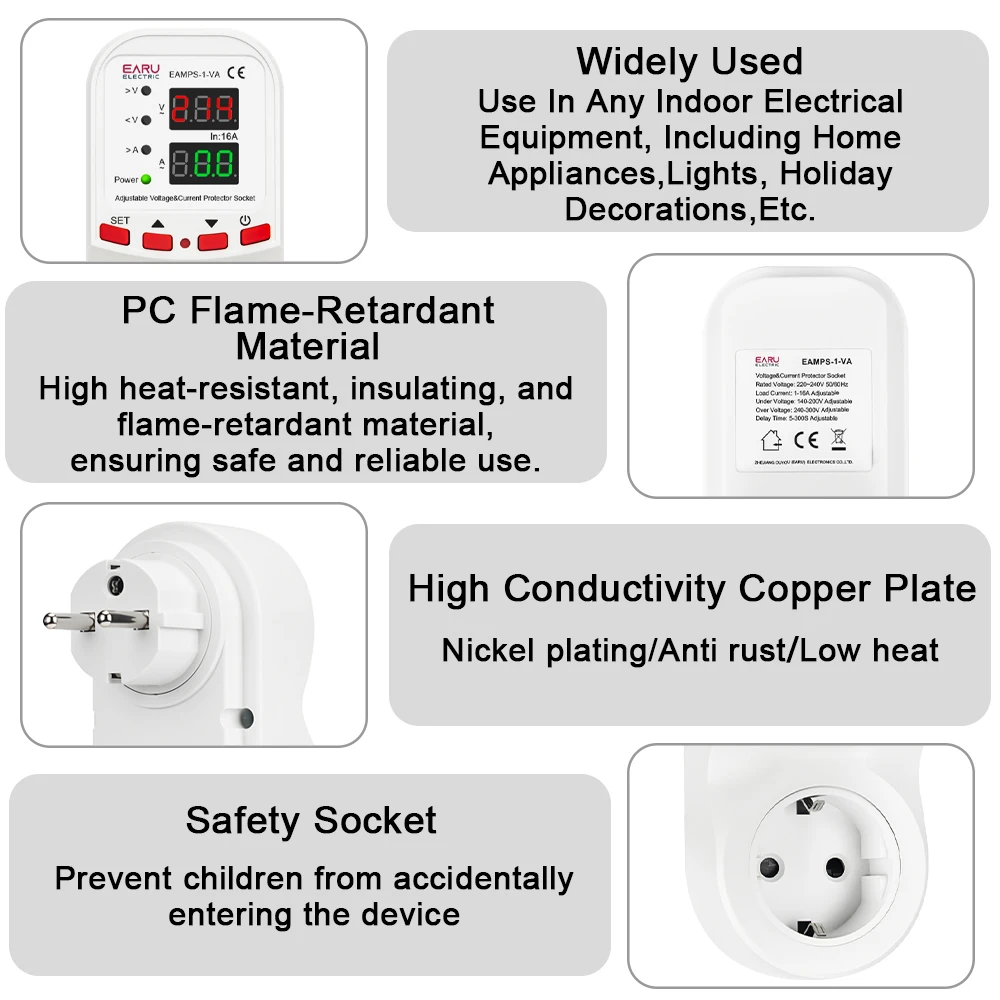 Automatic Voltage Surge Current Limiter Protector EU Socket Plug Adjustable 16A AC 230V 50/60Hz Power Energy Monitor kWh Meter - view 6