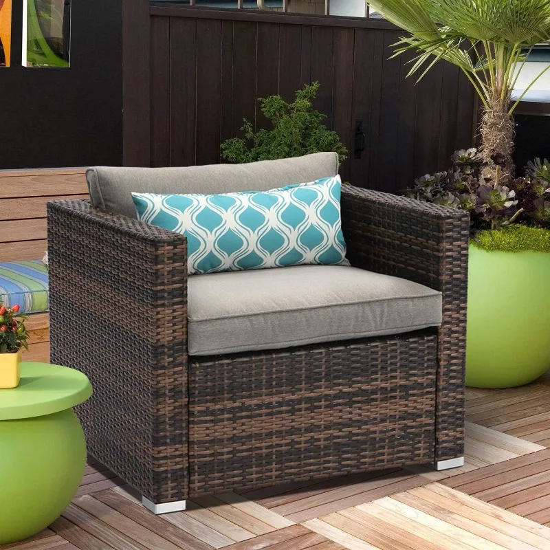 

Outdoor Single Chairs All Weather Handwoven Mottlewood Brown Rattan w Warm Grey Cushion w Pillow for Garden