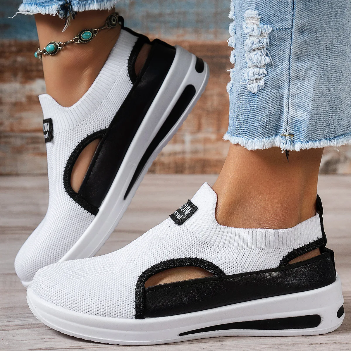 Hohle Slip-On-Plateau-Keilsneaker für Damen, atmungsaktiv, rutschfest, weiche Sohle, für den täglichen Gebrauch, bequeme Freizeitschuhe – Detail 1
